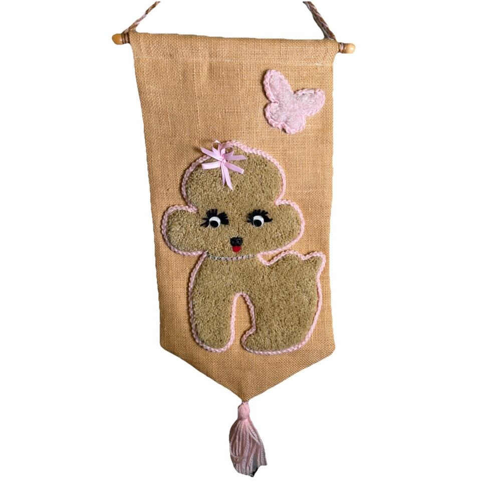 Vintage Burlap Yarn Art Wall Hanging Pink Dog Nursery Decor 70s Retro Handmade